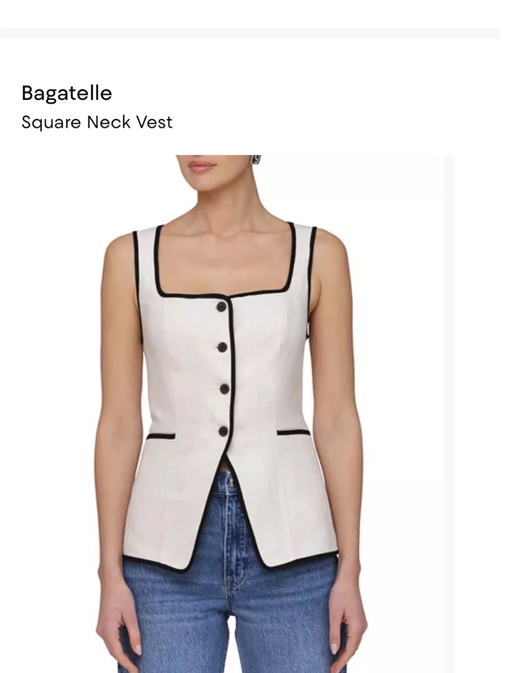 Bagatelle Square Neck Cream Sleeveless Button Vest with Black Trim